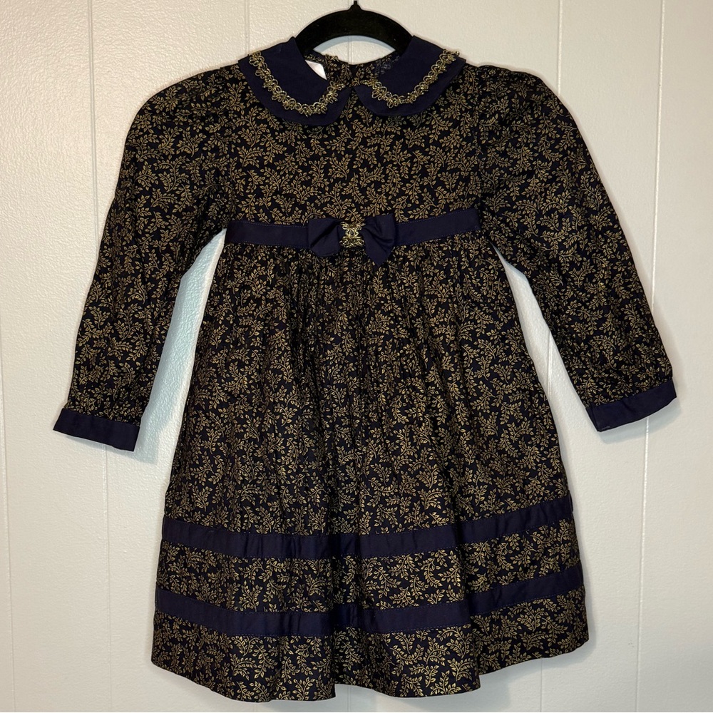 Bonnie Jean long-sleeve smocked navy and gold dress.  EUC.  Size 5